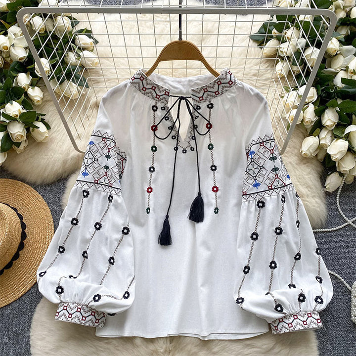Chemise femme Olivenorma à manches lanternes et broderies florales vintage - Blanc - Taille unique - image 10
