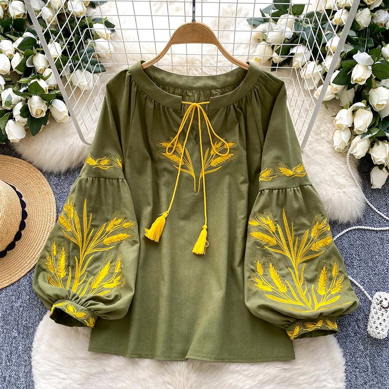 Chemise femme Olivenorma avec broderie épis de blé doré - Vert - Taille unique - image 0