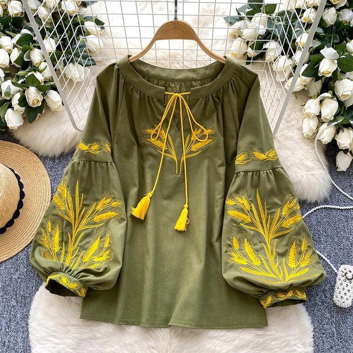 Chemise femme Olivenorma avec broderie épis de blé doré - Vert - Taille unique - image 0