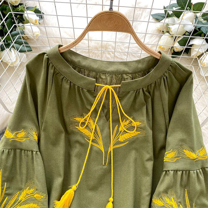Chemise femme Olivenorma avec broderie épis de blé doré - image 1