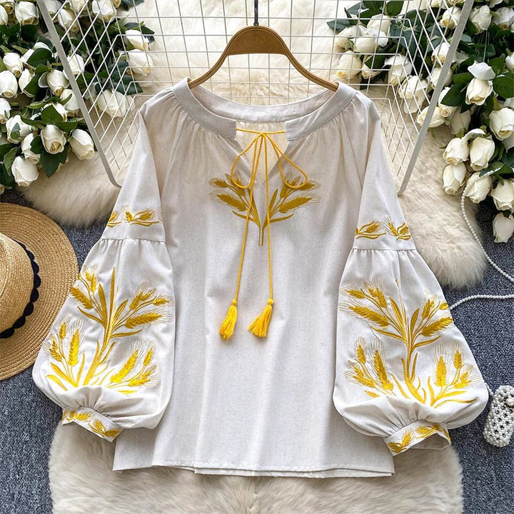 Chemise femme Olivenorma avec broderie épis de blé doré - Abricot - Taille unique - image 12
