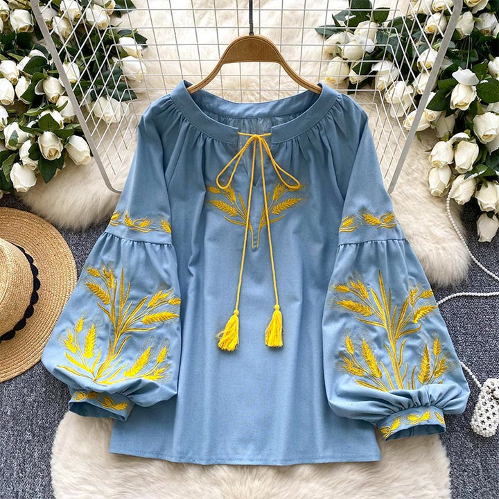 Chemise femme Olivenorma avec broderie épis de blé doré - Bleu - Taille unique - image 4