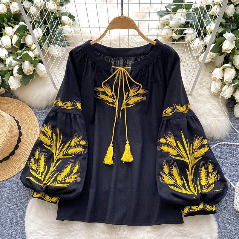 Chemise femme Olivenorma avec broderie épis de blé doré - Noir - Taille unique - image 8