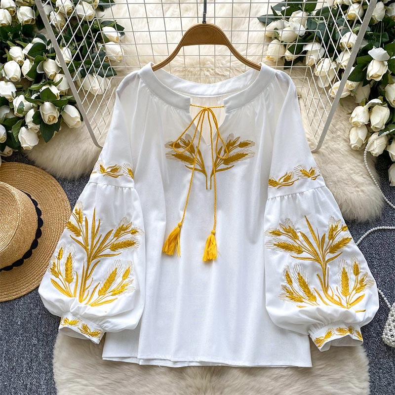 Chemise femme Olivenorma avec broderie épis de blé doré - Blanc - Taille unique - image 16