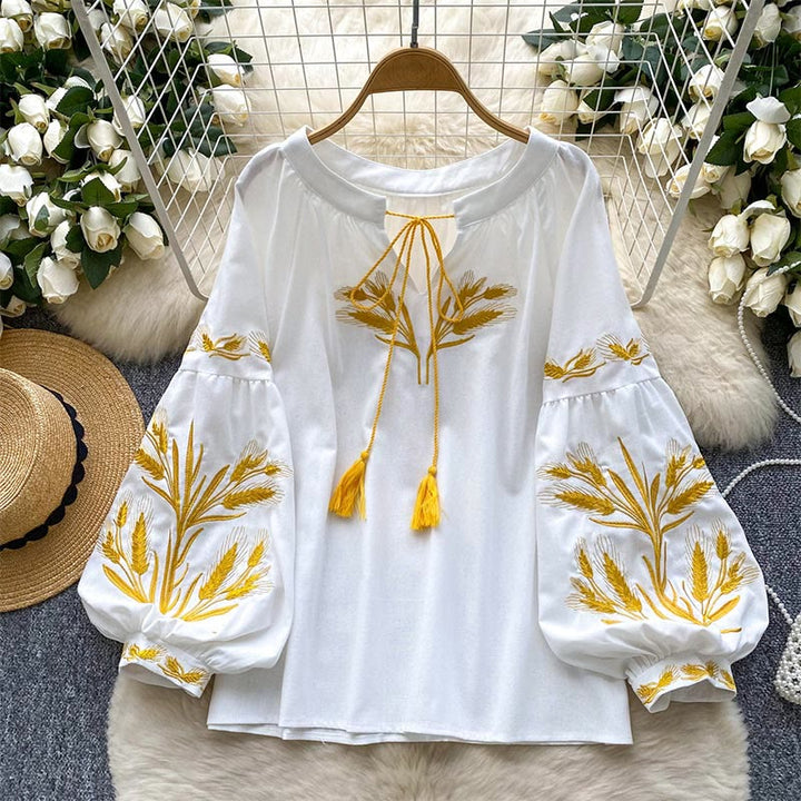 Chemise femme Olivenorma avec broderie épis de blé doré - Blanc - Taille unique - image 16