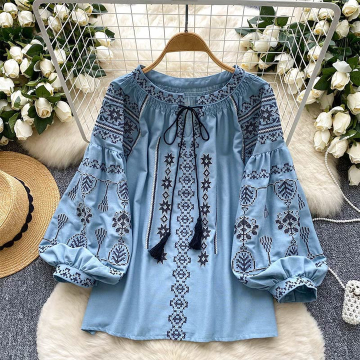 Chemise femme Olivenorma style bohème à broderies démocratiques - Bleu - Taille unique - image 4