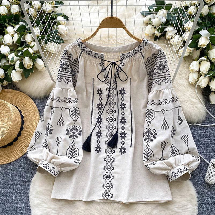 Chemise femme Olivenorma style bohème à broderies démocratiques - Abricot - Taille unique - image 12