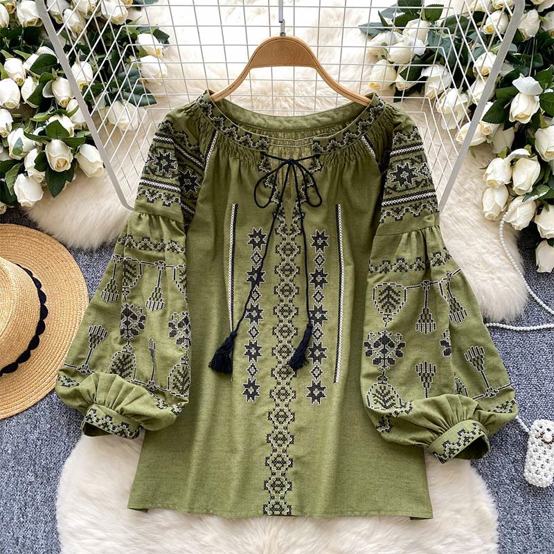 Chemise femme Olivenorma style bohème à broderies démocratiques - Vert - Taille unique - image 8