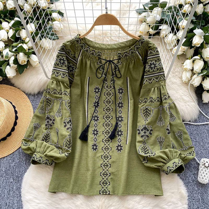 Chemise femme Olivenorma style bohème à broderies démocratiques - Vert - Taille unique - image 8