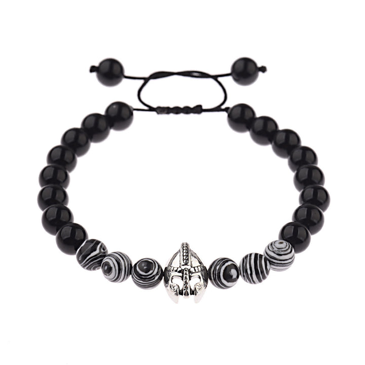 Bracelet réglable Olivenorma en pierres précieuses de 8 mm avec casque de guerrier spartiate - Obsidienne + Perles de résine zébrée + Casque argenté - image 24