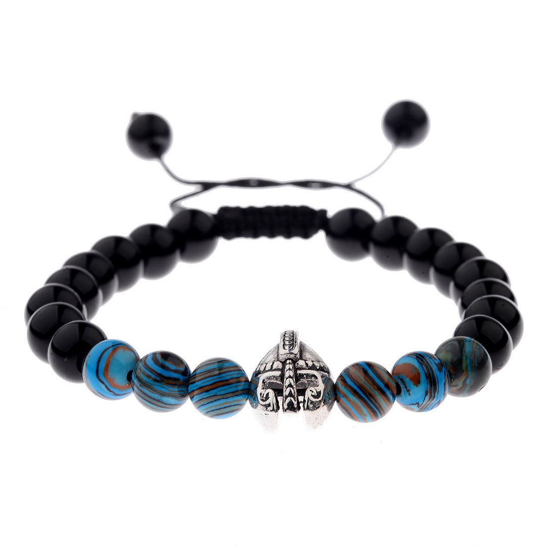Bracelet réglable Olivenorma en pierres précieuses de 8 mm avec casque de guerrier spartiate - Obsidienne + Perles de résine bleue + Casque argenté - image 22