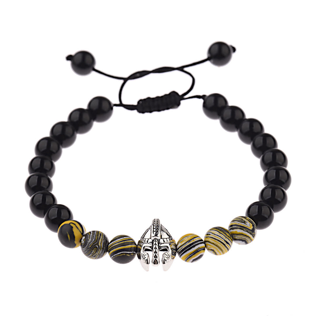 Bracelet réglable Olivenorma en pierres précieuses de 8 mm avec casque de guerrier spartiate - Obsidienne + Perles de résine jaune + Casque argenté - image 25