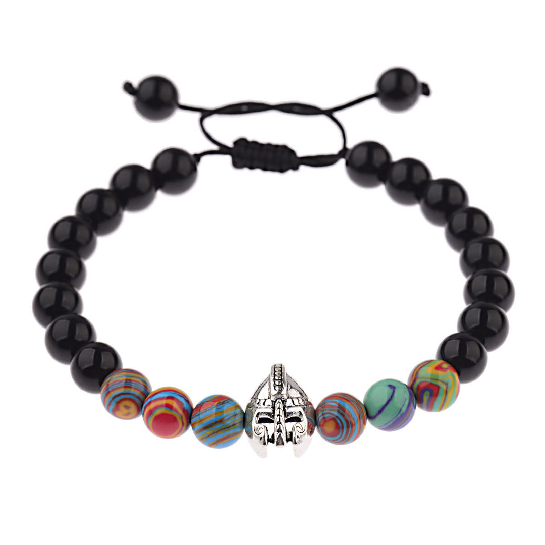 Bracelet réglable Olivenorma en pierres précieuses de 8 mm avec casque de guerrier spartiate - Obsidienne + Perles de résine arc-en-ciel + Casque argenté - image 26