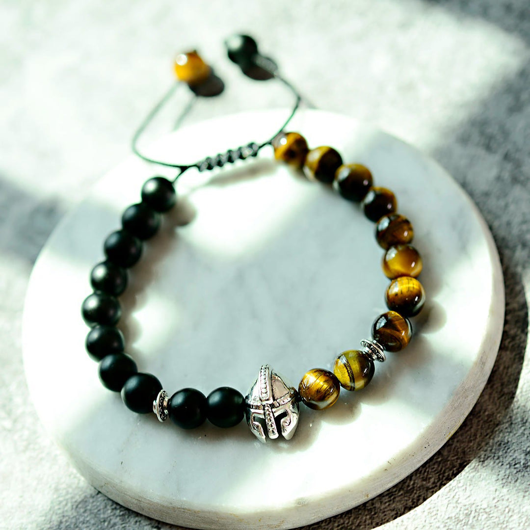 Bracelet réglable Olivenorma en pierres précieuses de 8 mm avec casque de guerrier spartiate - Œil de tigre + Onyx noir + Casque argenté - image 14