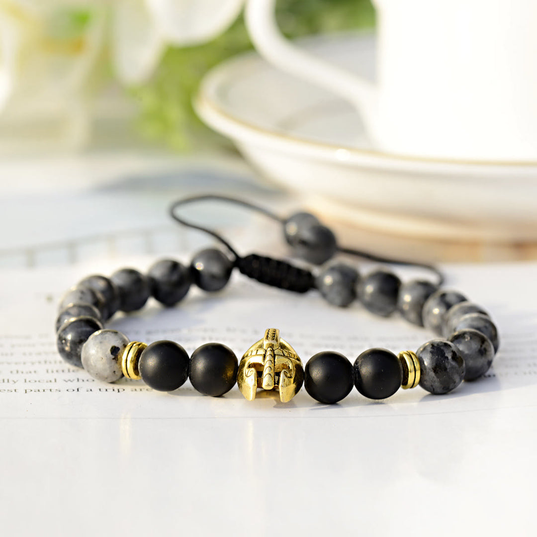 Bracelet réglable Olivenorma en pierres précieuses de 8 mm avec casque de guerrier spartiate - Jaspe gris + onyx noir + casque doré - image 5