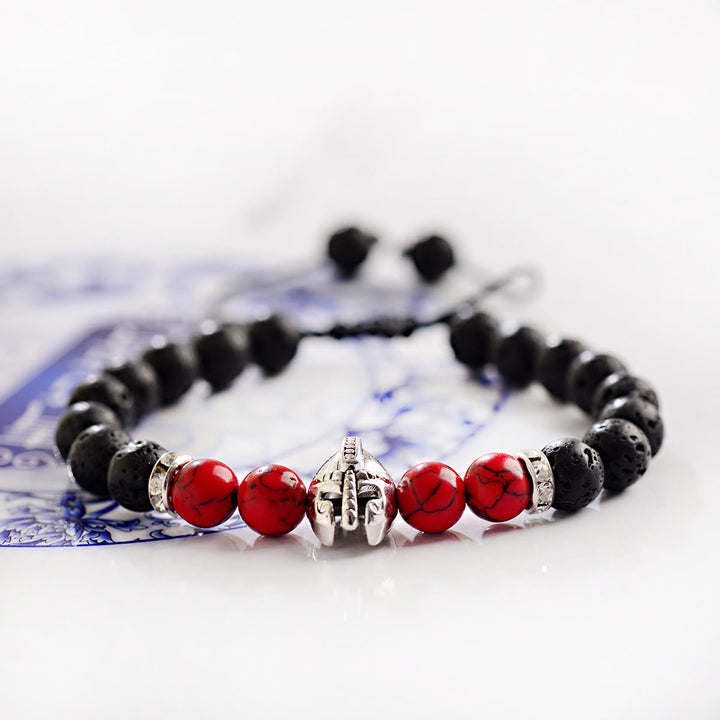Bracelet réglable Olivenorma en pierres précieuses de 8 mm avec casque de guerrier spartiate - Pierre de lave + Turquoise rouge + Casque argenté - image 13