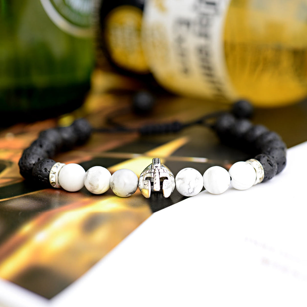 Bracelet réglable Olivenorma en pierres précieuses de 8 mm avec casque de guerrier spartiate - Pierre de lave + Howlite + Casque en argent - image 21