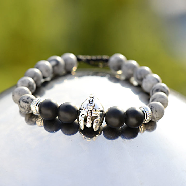Bracelet réglable Olivenorma en pierres précieuses de 8 mm avec casque de guerrier spartiate - Jaspe gris + onyx noir + casque argenté - image 16