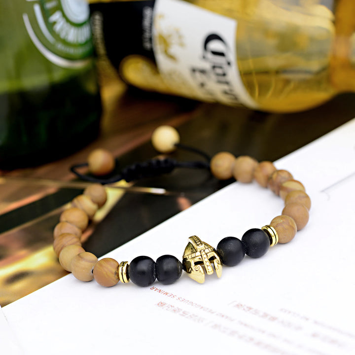 Bracelet réglable Olivenorma en pierres précieuses de 8 mm avec casque de guerrier spartiate - Image Jaspe + Onyx noir + Casque doré - image 11