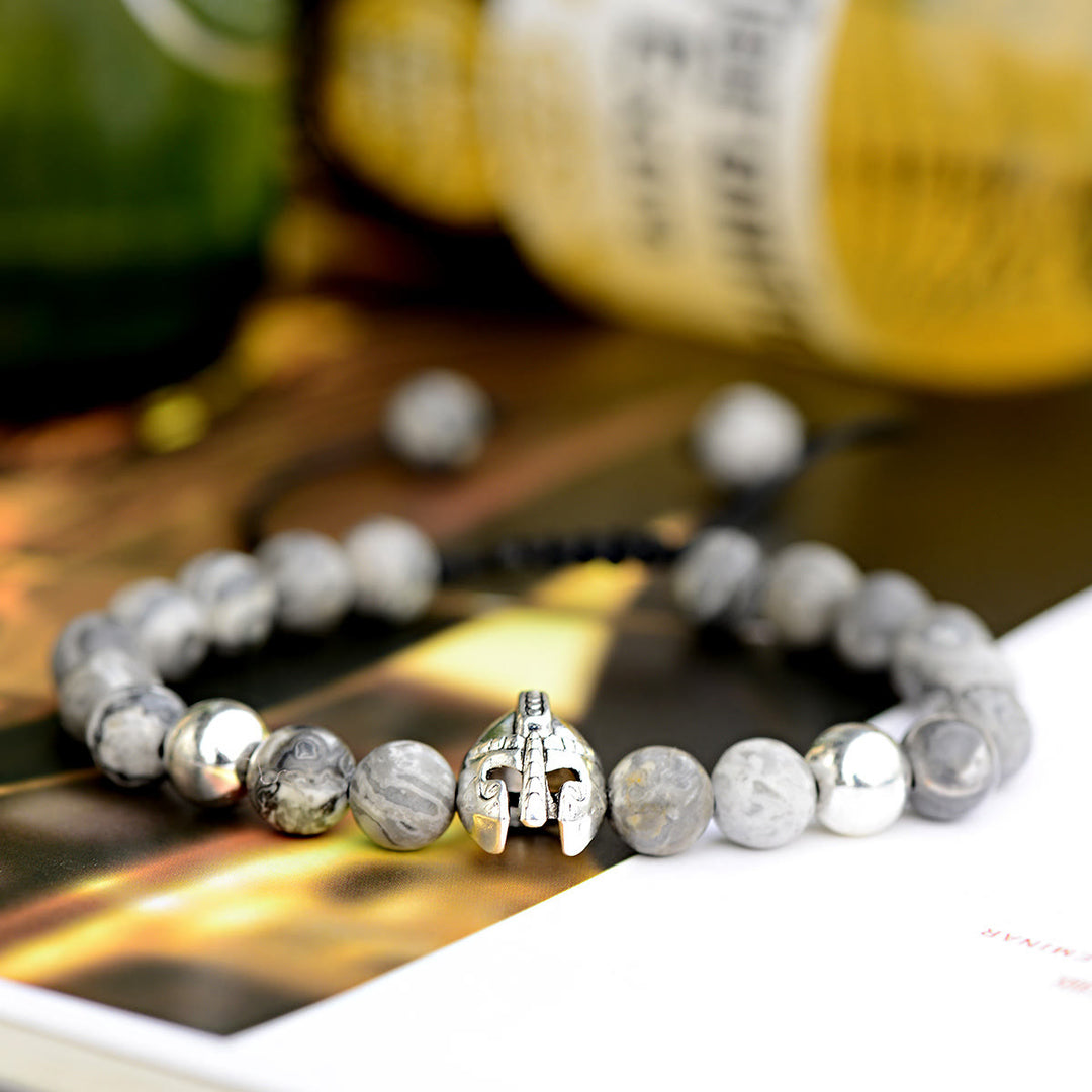 Bracelet réglable Olivenorma en pierres précieuses de 8 mm avec casque de guerrier spartiate - Casque gris jaspe + argent - image 18