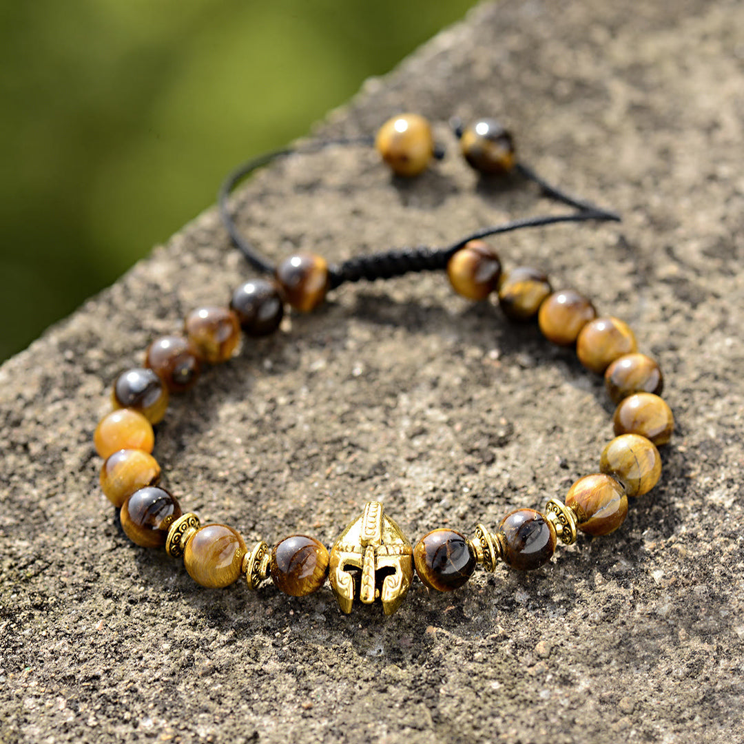 Bracelet réglable Olivenorma en pierres précieuses de 8 mm avec casque de guerrier spartiate - Œil de tigre + casque doré - image 8
