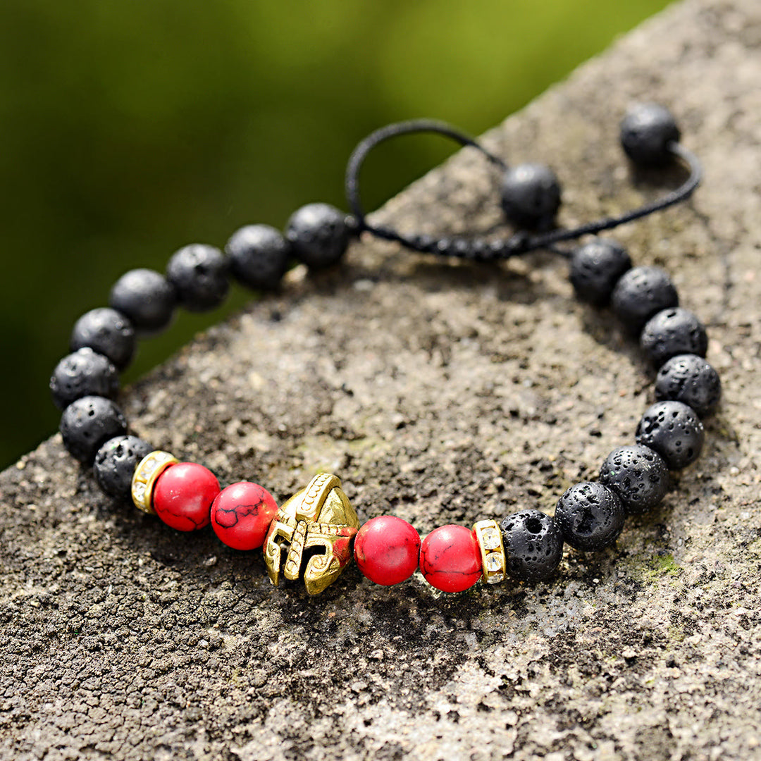 Bracelet réglable Olivenorma en pierres précieuses de 8 mm avec casque de guerrier spartiate - Pierre de lave + Turquoise rouge + Casque doré - image 1