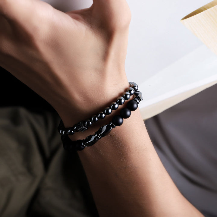 Olivenorma Lot de 2 bracelets extensibles en hématite et onyx noir pour homme - image 3