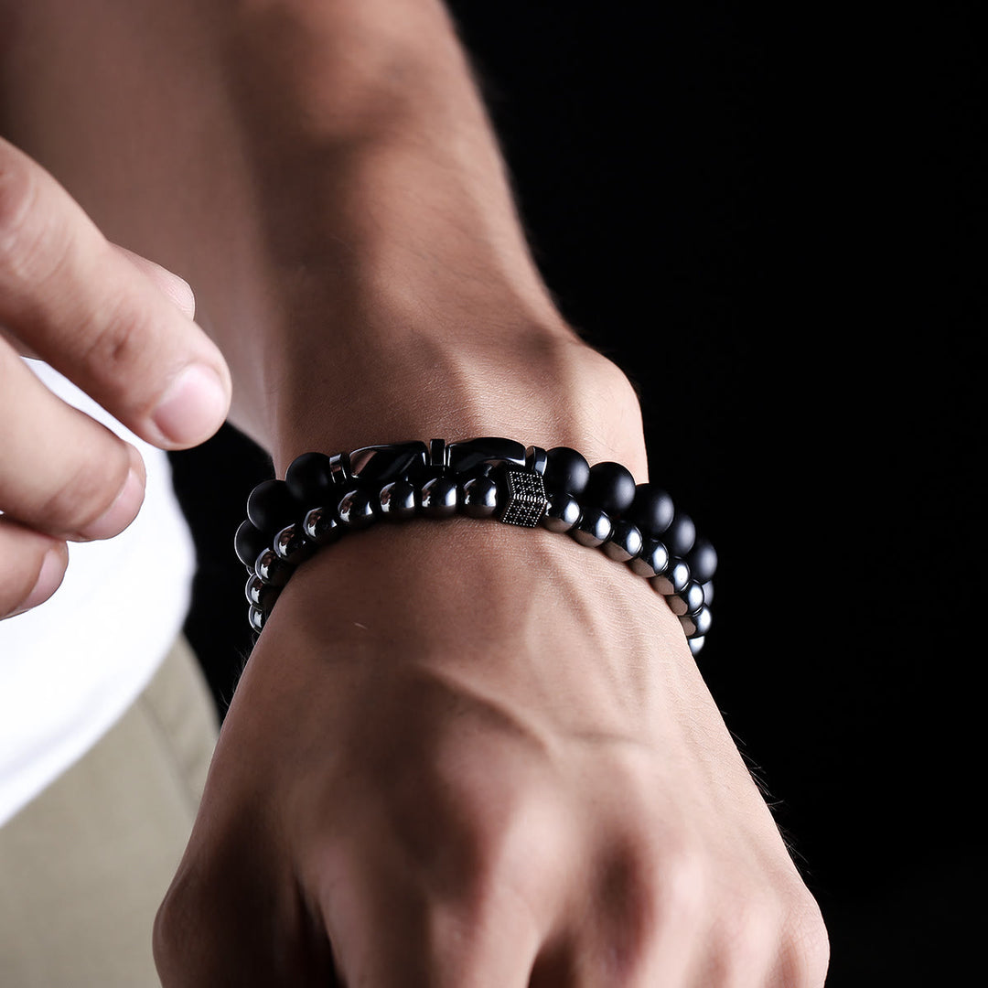 Olivenorma Lot de 2 bracelets extensibles en hématite et onyx noir pour homme - image 2