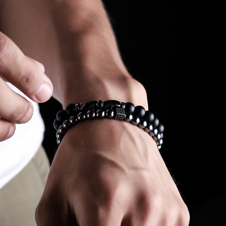 Olivenorma Lot de 2 bracelets extensibles en hématite et onyx noir pour homme - image 2