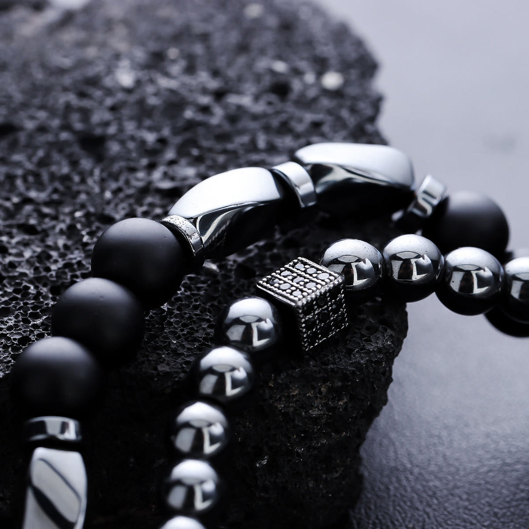 Olivenorma Lot de 2 bracelets extensibles en hématite et onyx noir pour homme - image 7