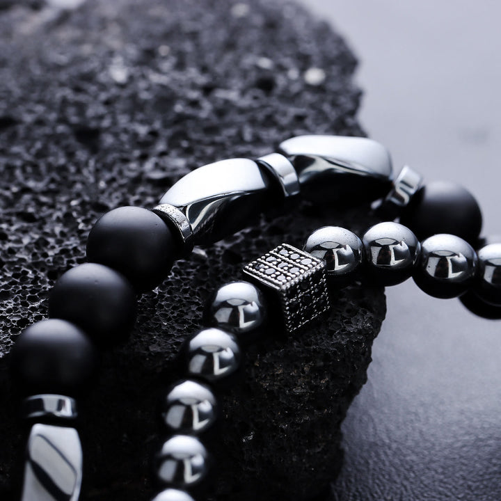 Olivenorma Lot de 2 bracelets extensibles en hématite et onyx noir pour homme - image 7