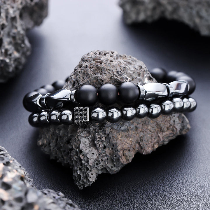 Olivenorma Lot de 2 bracelets extensibles en hématite et onyx noir pour homme - Ensemble de 2 bracelets - image 1