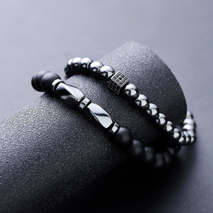 Olivenorma Lot de 2 bracelets extensibles en hématite et onyx noir pour homme - image 6