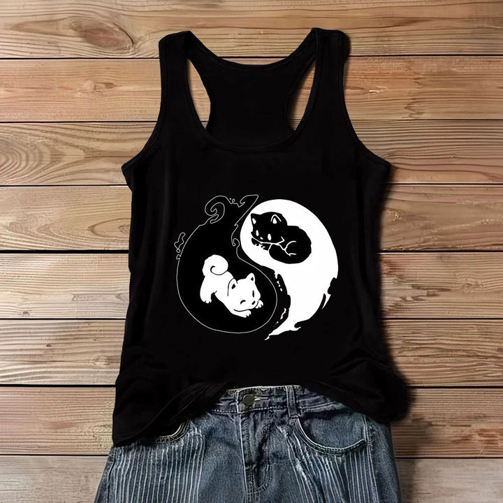 Débardeur noir et blanc Olivenorma avec motif Yin-Yang et philosophie du chat - Noir - 3XL - image 7