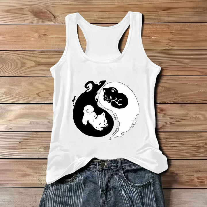 Débardeur noir et blanc Olivenorma avec motif Yin-Yang et philosophie du chat - Blanc - 3XL - image 4