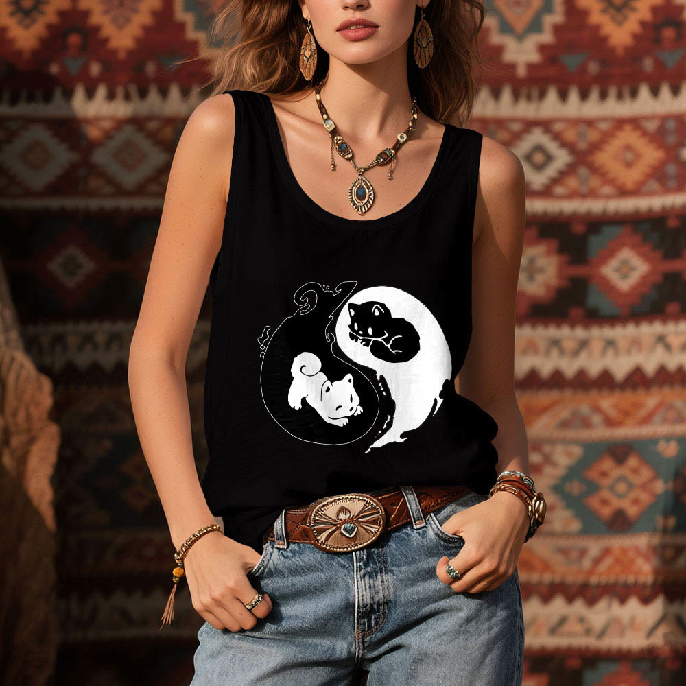Débardeur noir et blanc Olivenorma avec motif Yin-Yang et philosophie du chat - image 7