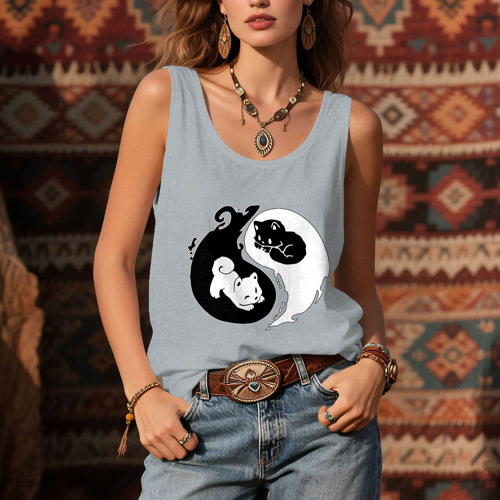 Débardeur noir et blanc Olivenorma avec motif Yin-Yang et philosophie du chat - image 2