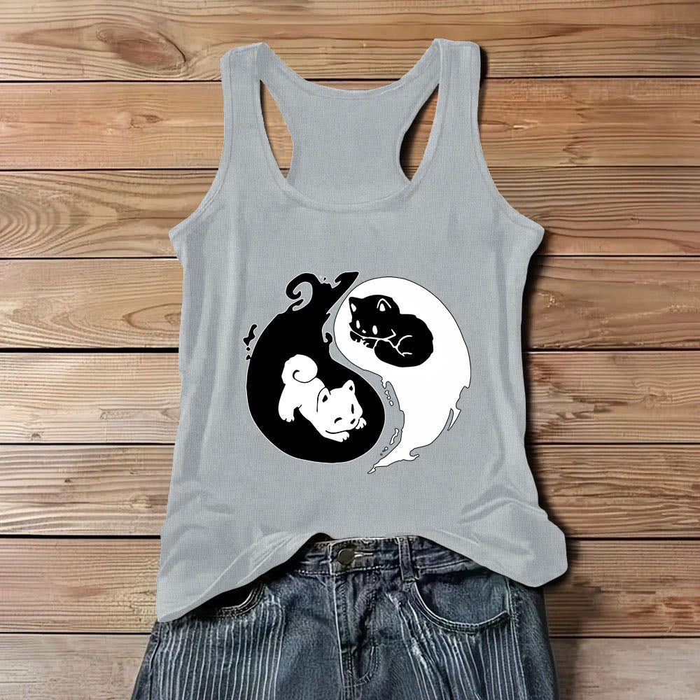 Débardeur noir et blanc Olivenorma avec motif Yin-Yang et philosophie du chat - Gris - 3XL - image 1