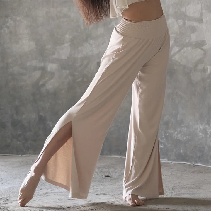 Pantalon de yoga taille haute en coton Olivenorma à jambes larges et fentes - Blanc cassé - Taille unique - image 1