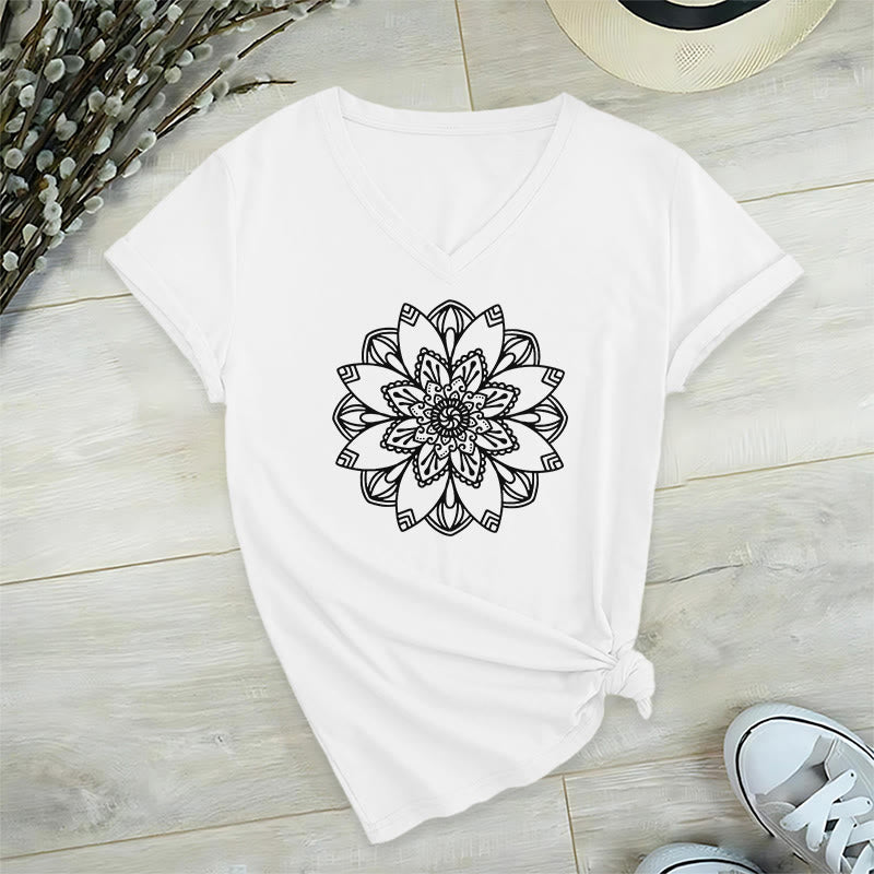 T-shirt à fleurs mandala Olivenorma , col en V, coupe classique, motif lotus spirituel - Blanc - 2XL - image 10