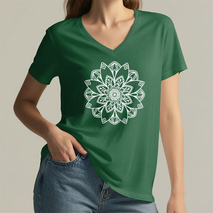 T-shirt à fleurs mandala Olivenorma , col en V, coupe classique, motif lotus spirituel - image 18