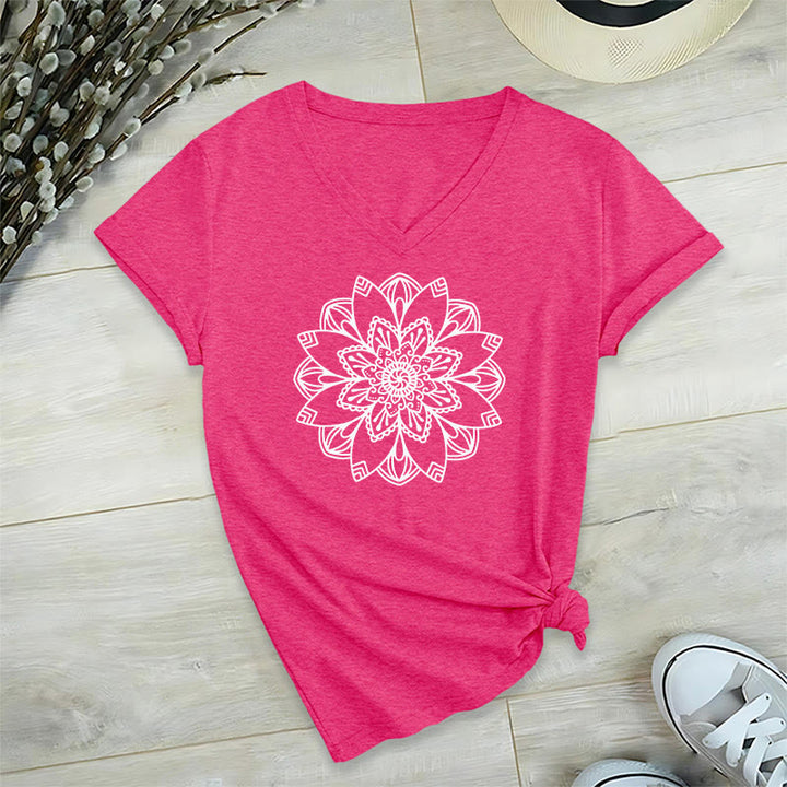T-shirt à fleurs mandala Olivenorma , col en V, coupe classique, motif lotus spirituel - Rose vif - 2XL - image 30