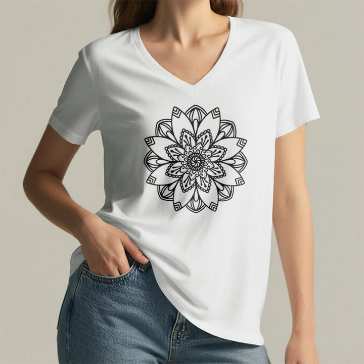 T-shirt à fleurs mandala Olivenorma , col en V, coupe classique, motif lotus spirituel - image 11
