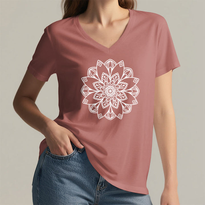 T-shirt à fleurs mandala Olivenorma , col en V, coupe classique, motif lotus spirituel - image 1