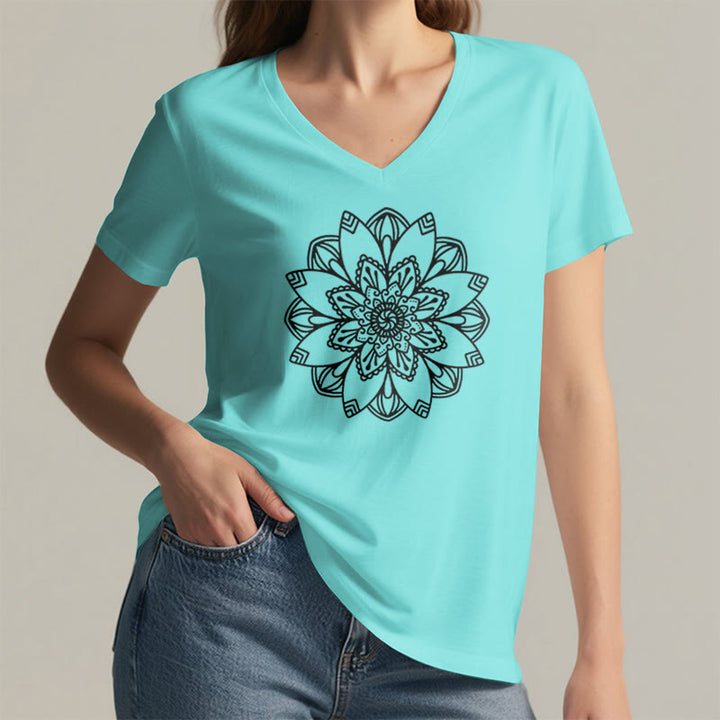 T-shirt à fleurs mandala Olivenorma , col en V, coupe classique, motif lotus spirituel - image 17