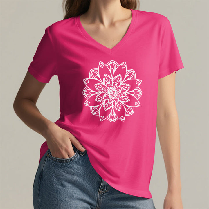 T-shirt à fleurs mandala Olivenorma , col en V, coupe classique, motif lotus spirituel - image 31