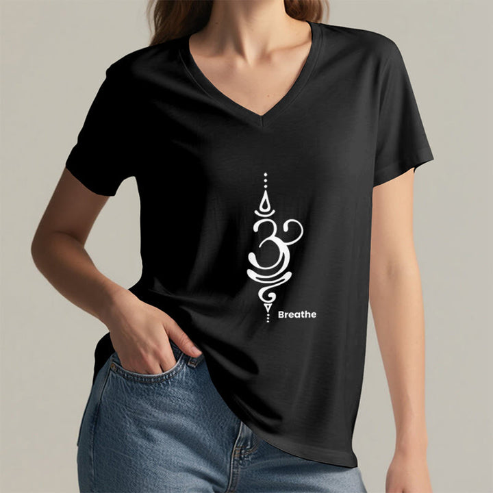 T-shirt Olivenorma Breathe Symbol pour femme, manches courtes, col en V, en coton, pour le yoga et la méditation - image 9