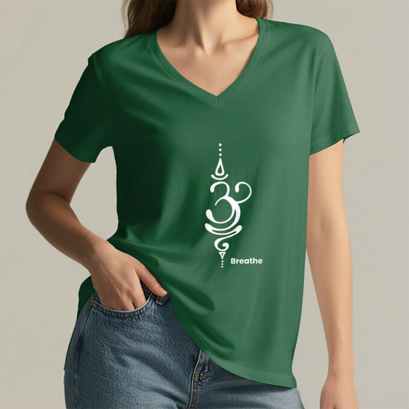 T-shirt Olivenorma Breathe Symbol pour femme, manches courtes, col en V, en coton, pour le yoga et la méditation - image 19