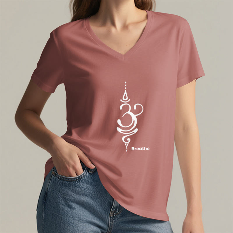 T-shirt Olivenorma Breathe Symbol pour femme, manches courtes, col en V, en coton, pour le yoga et la méditation - image 27