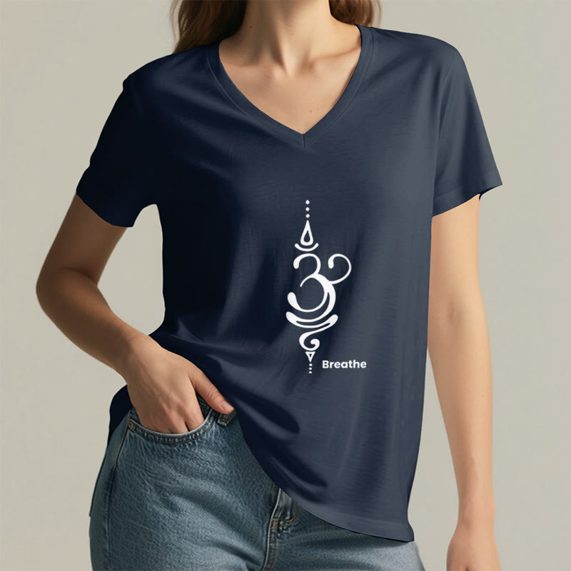 T-shirt Olivenorma Breathe Symbol pour femme, manches courtes, col en V, en coton, pour le yoga et la méditation - image 23